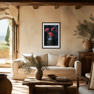 Cozy living room with beige sofa, wooden coffee table, and decorative elements. ~ Fine Art Photography by Ivo Titzin ~ Black Series ~ Limited edittion Wall Art by Gito