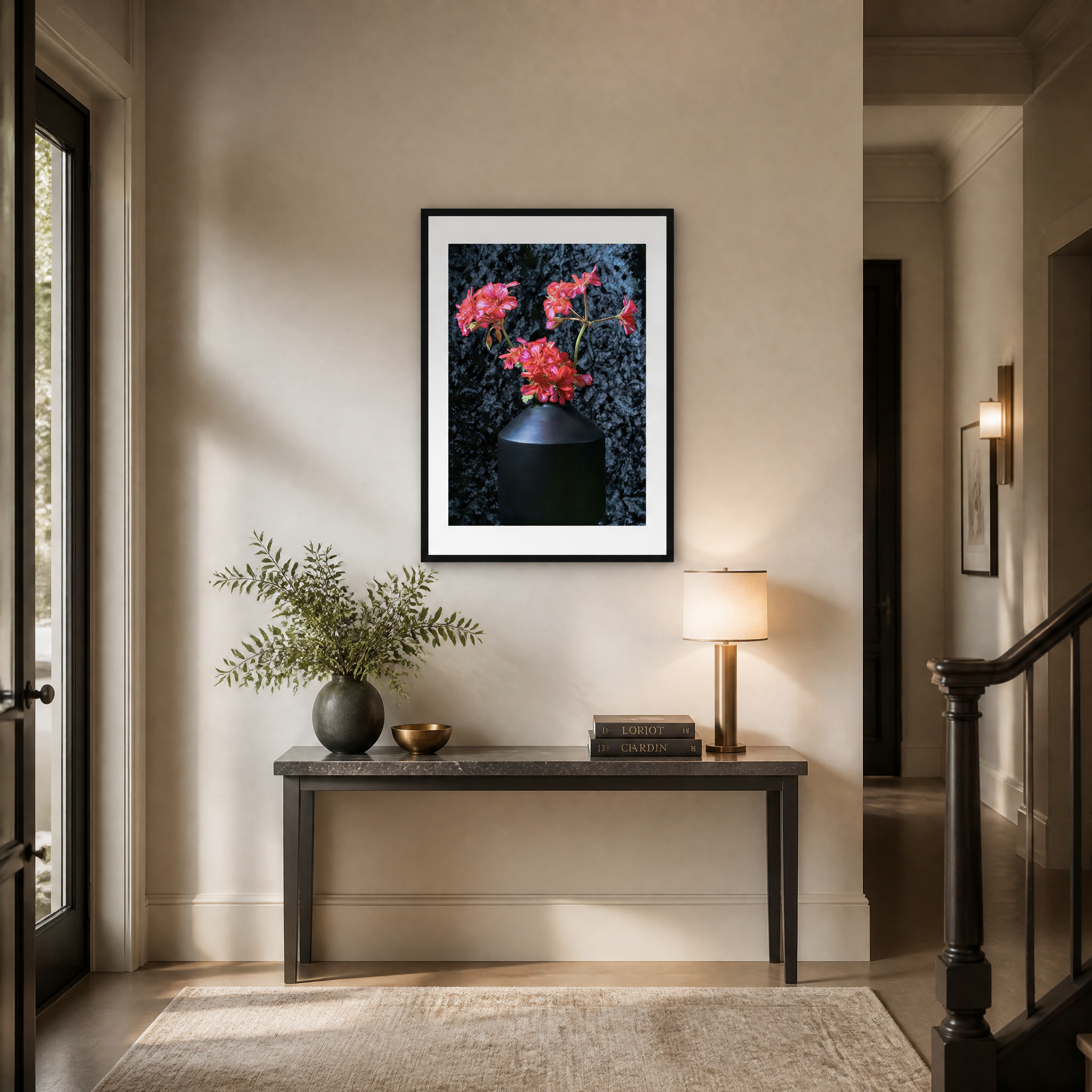 Foyer with a table, lamp, and framed artwork on a wall. ~ Fine Art Photography by Ivo Titzin ~ Black Series ~ Limited edittion Wall Art by Gito