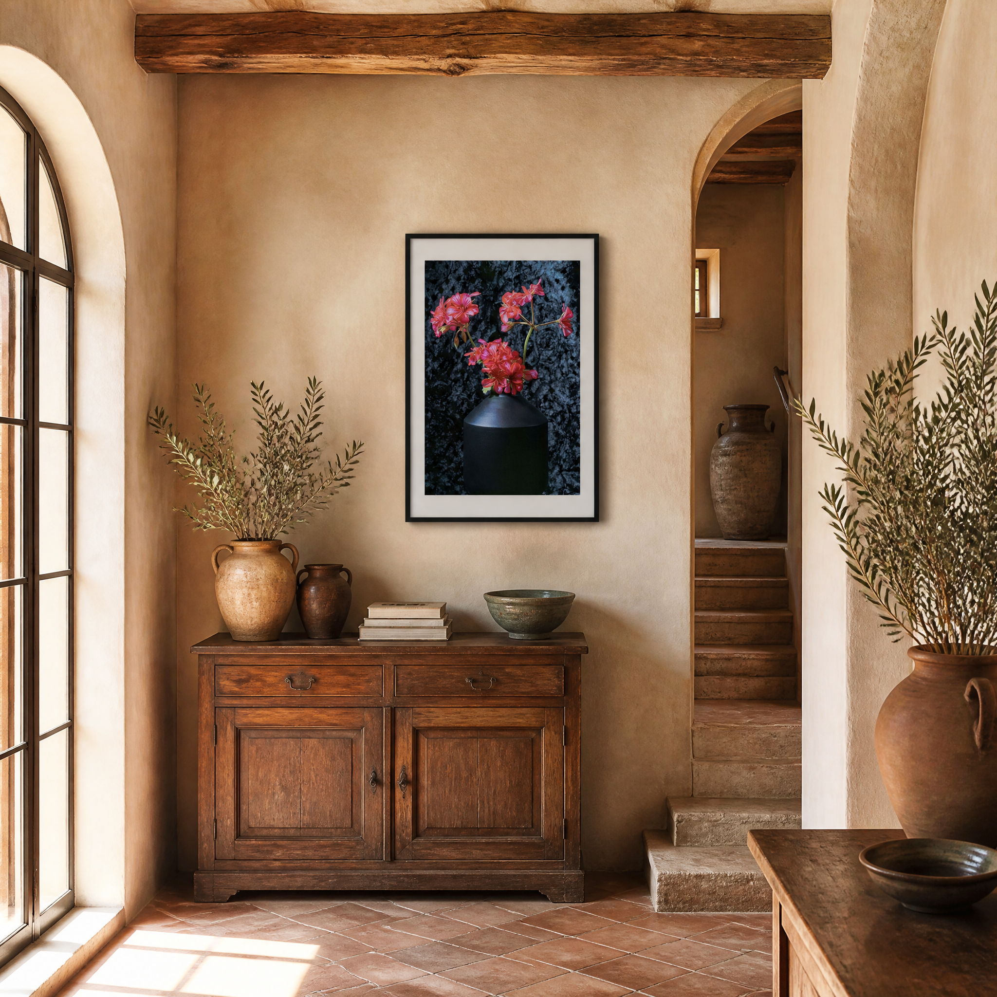 Nestled corner of a rustic room with wooden furniture, plants, and a floral painting. ~ Fine Art Photography by Ivo Titzin ~ Black Series ~ Limited edittion Wall Art by Gito