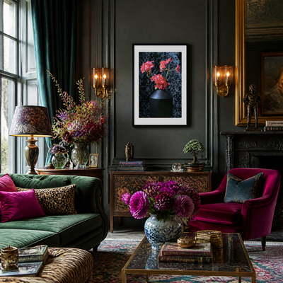 Luxurious living room with dark walls, colorful decor, and elegant furniture. ~ Fine Art Photography by Ivo Titzin ~ Black Series ~ Limited edittion Wall Art by Gito