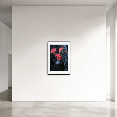 Framed artwork of red flowers in a black vase on a white wall. ~ Fine Art Photography by Ivo Titzin ~ Black Series ~ Limited edittion Wall Art by Gito
