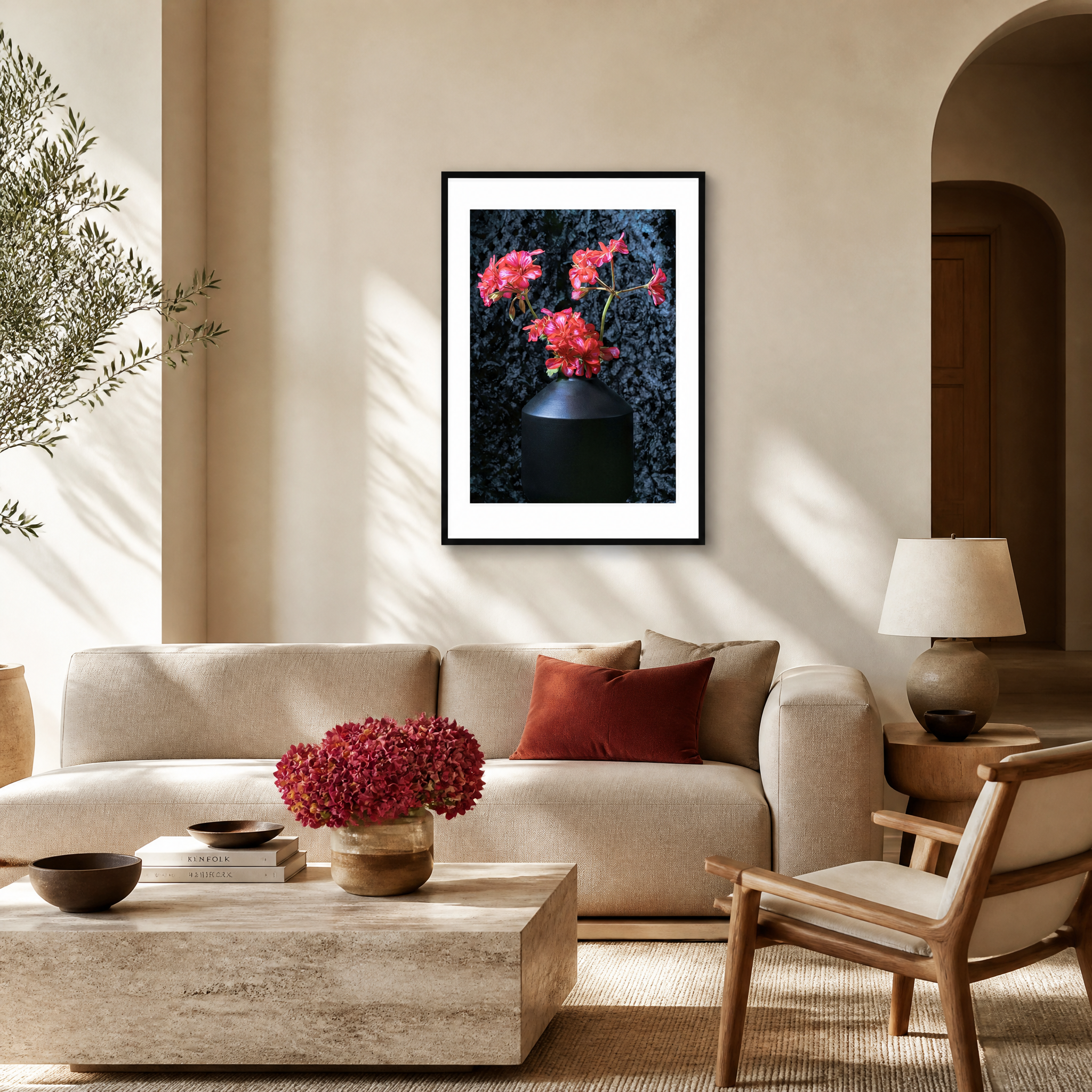 Living room with beige sofa, wooden coffee table, and framed artwork on the wall. ~ Fine Art Photography by Ivo Titzin ~ Black Series ~ Limited edittion Wall Art by Gito