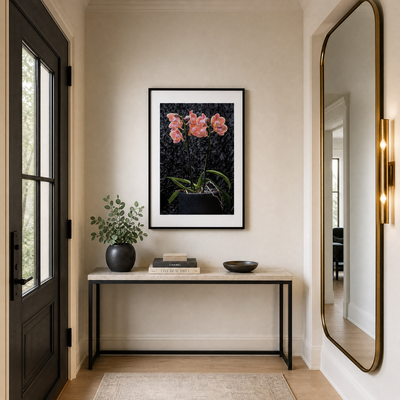 Modern interior with a console table, mirror, and artwork on a wall. ~ Fine Art Photography by Ivo Titzin ~ Gito Limited Edition Wall Art