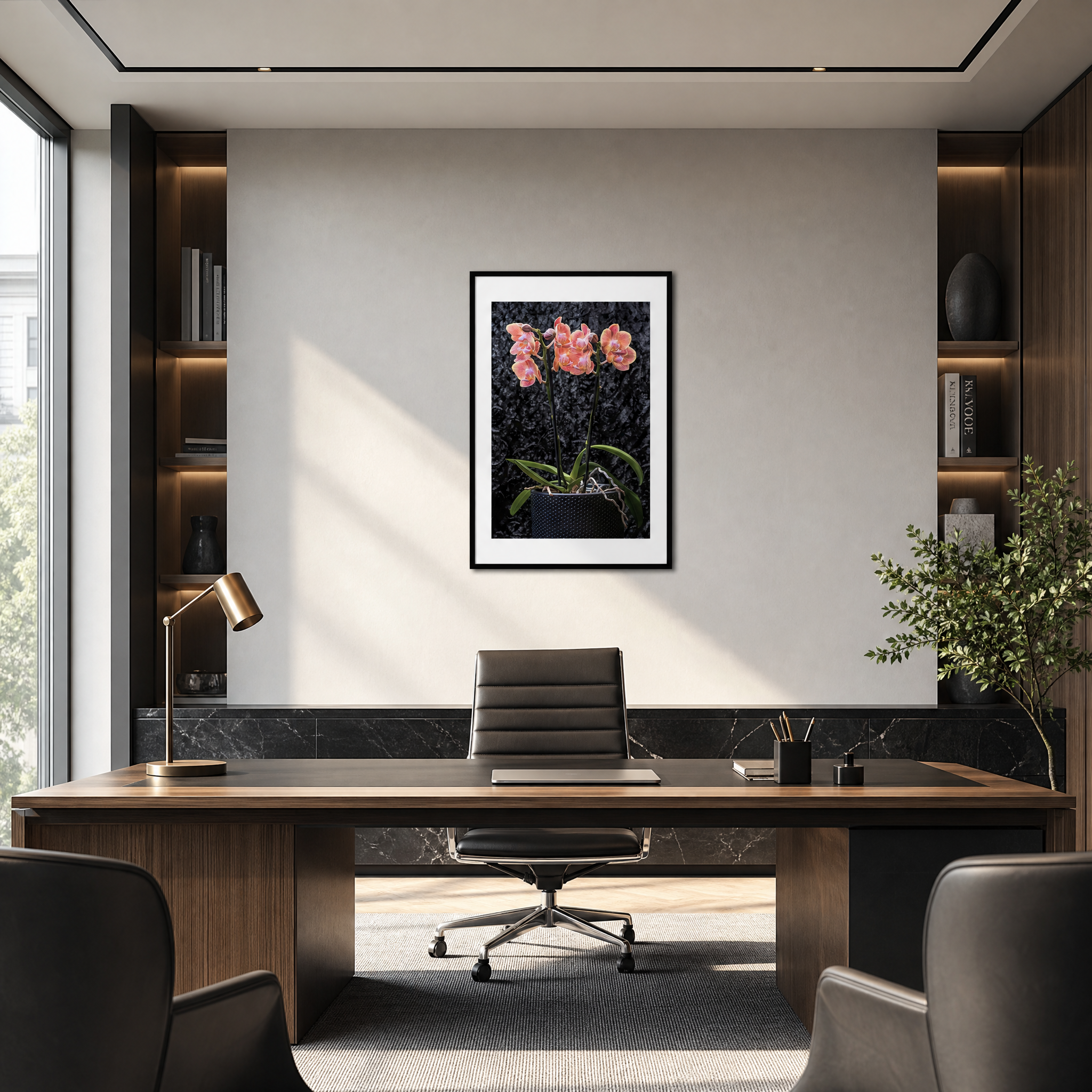Modern office interior with a desk, chair, and wall art. ~ Fine Art Photography by Ivo Titzin ~ Gito Limited Edition Wall Art
