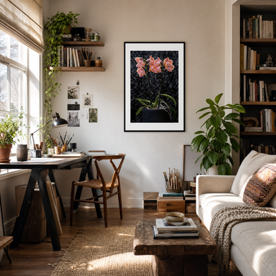 Living room with a white sofa, coffee table, and bookshelf with plants and books. ~ Fine Art Photography by Ivo Titzin ~ Gito Limited Edition Wall Art