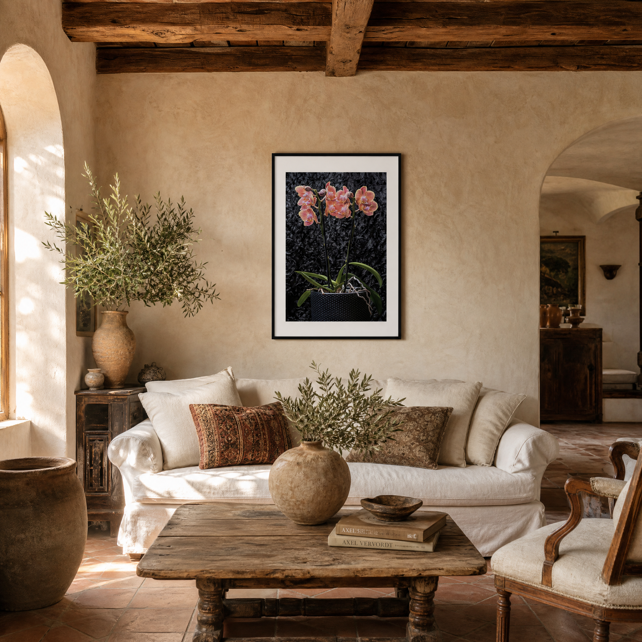 Living room with rustic decor, including a sofa, coffee table, and wall art. ~ Fine Art Photography by Ivo Titzin ~ Gito Limited Edition Wall Art