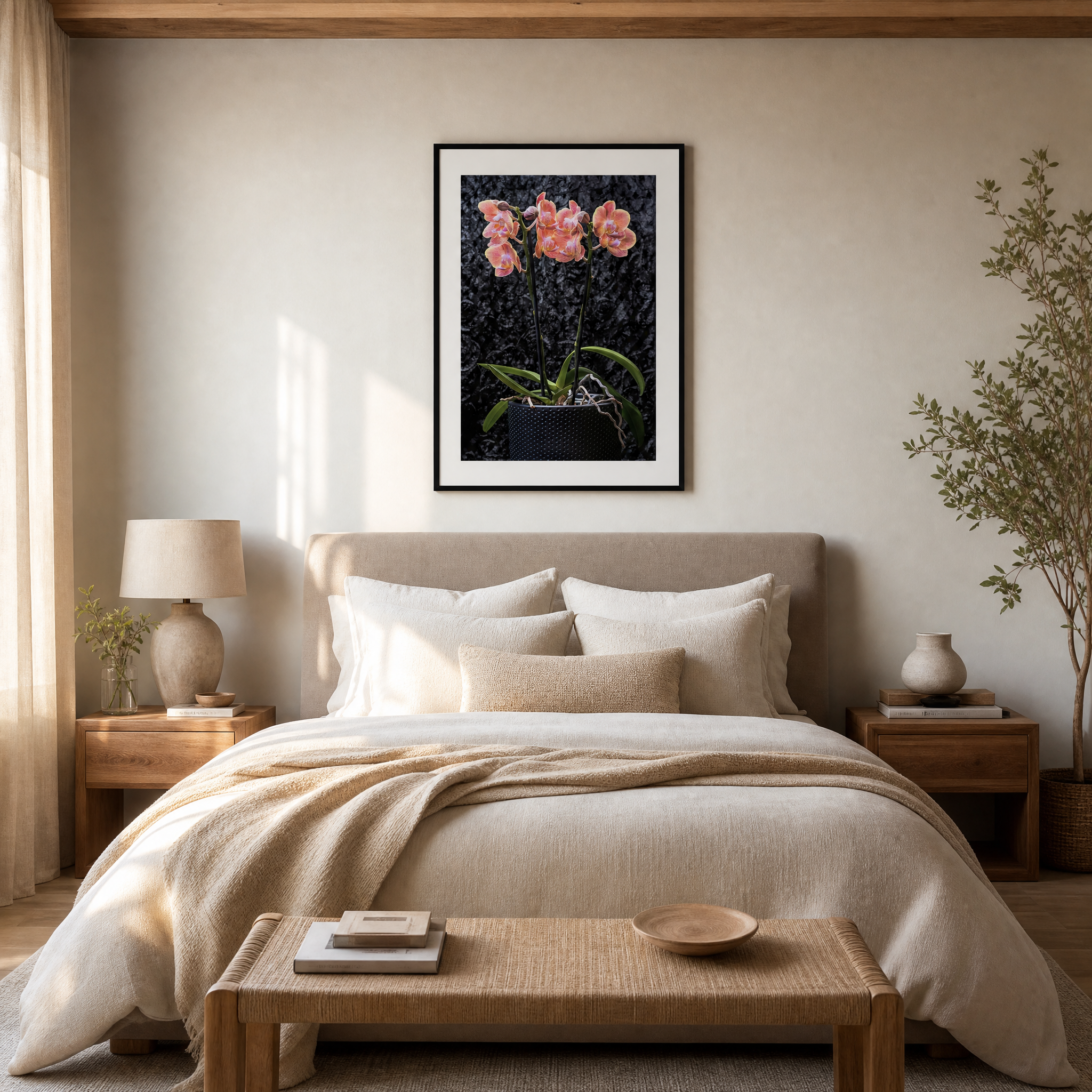Neatly made bed in a bedroom with a framed picture of flowers on the wall. ~ Fine Art Photography by Ivo Titzin ~ Gito Limited Edition Wall Art