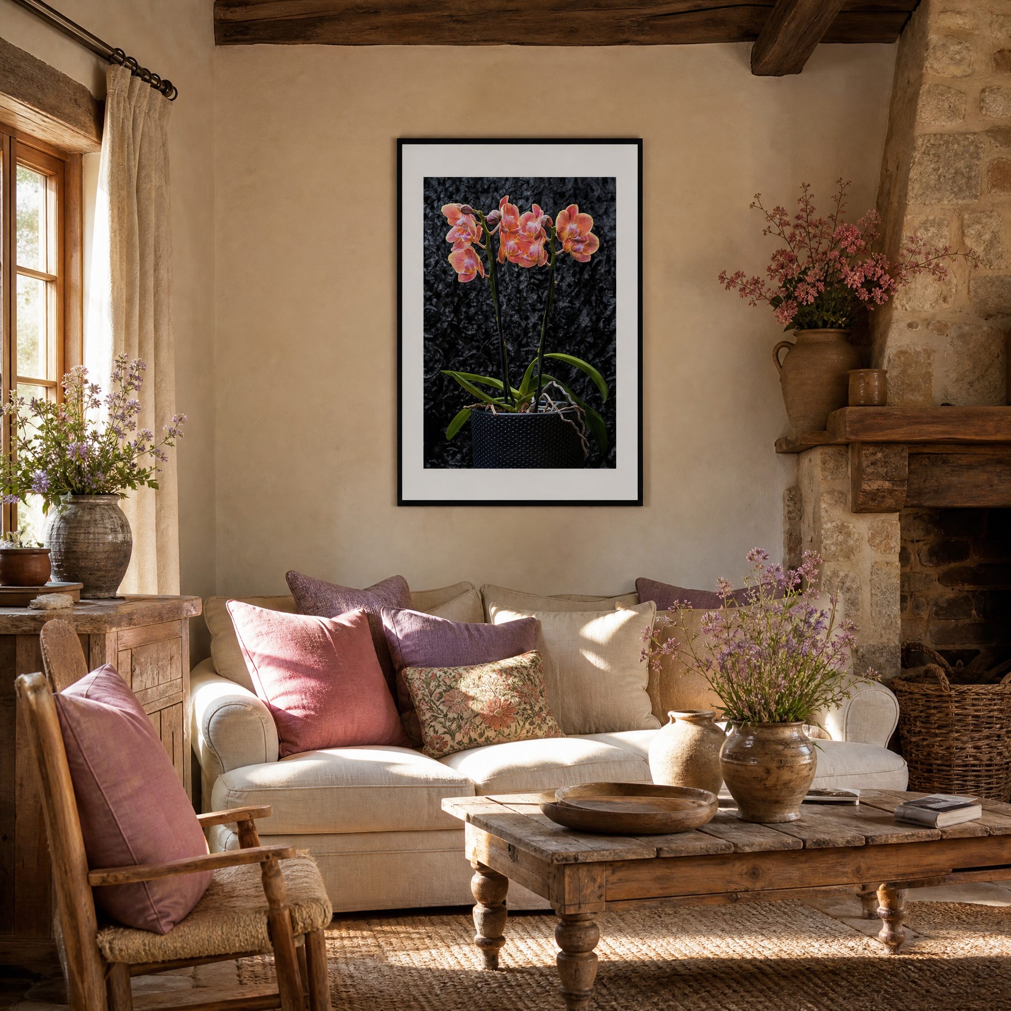 Cozy living room with a beige sofa, wooden coffee table, and floral decorations. ~ Fine Art Photography by Ivo Titzin ~ Gito Limited Edition Wall Art