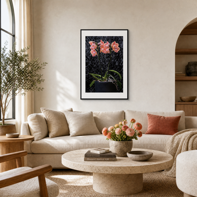 Living room with a beige sofa, coffee table, and wall art of pink flowers. ~ Fine Art Photography by Ivo Titzin ~ Gito Limited Edition Wall Art