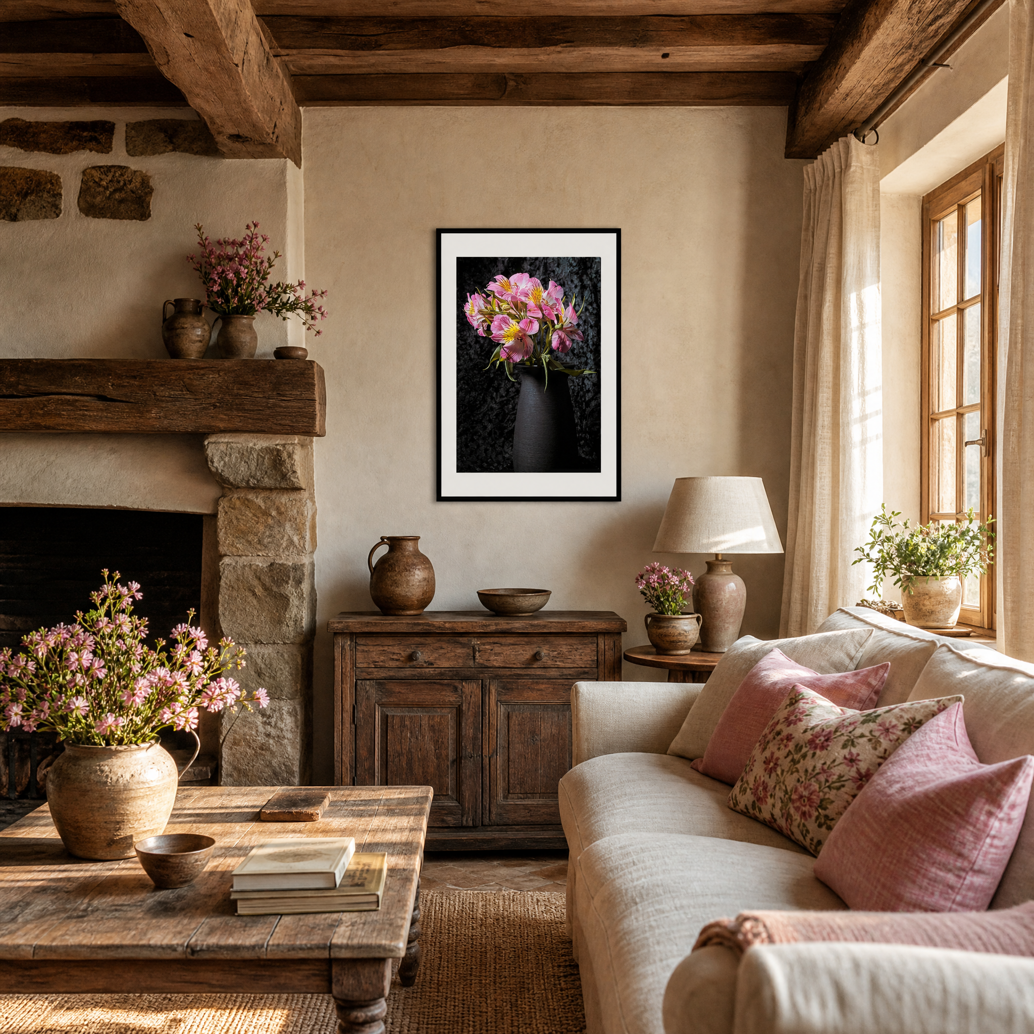 Cozy living room with floral decorations, a fireplace, and a framed picture on the wall. ~ Fine Art Photography by Ivo Titzin ~ Collectable Wall Art by Gito ~ Limited Eedition