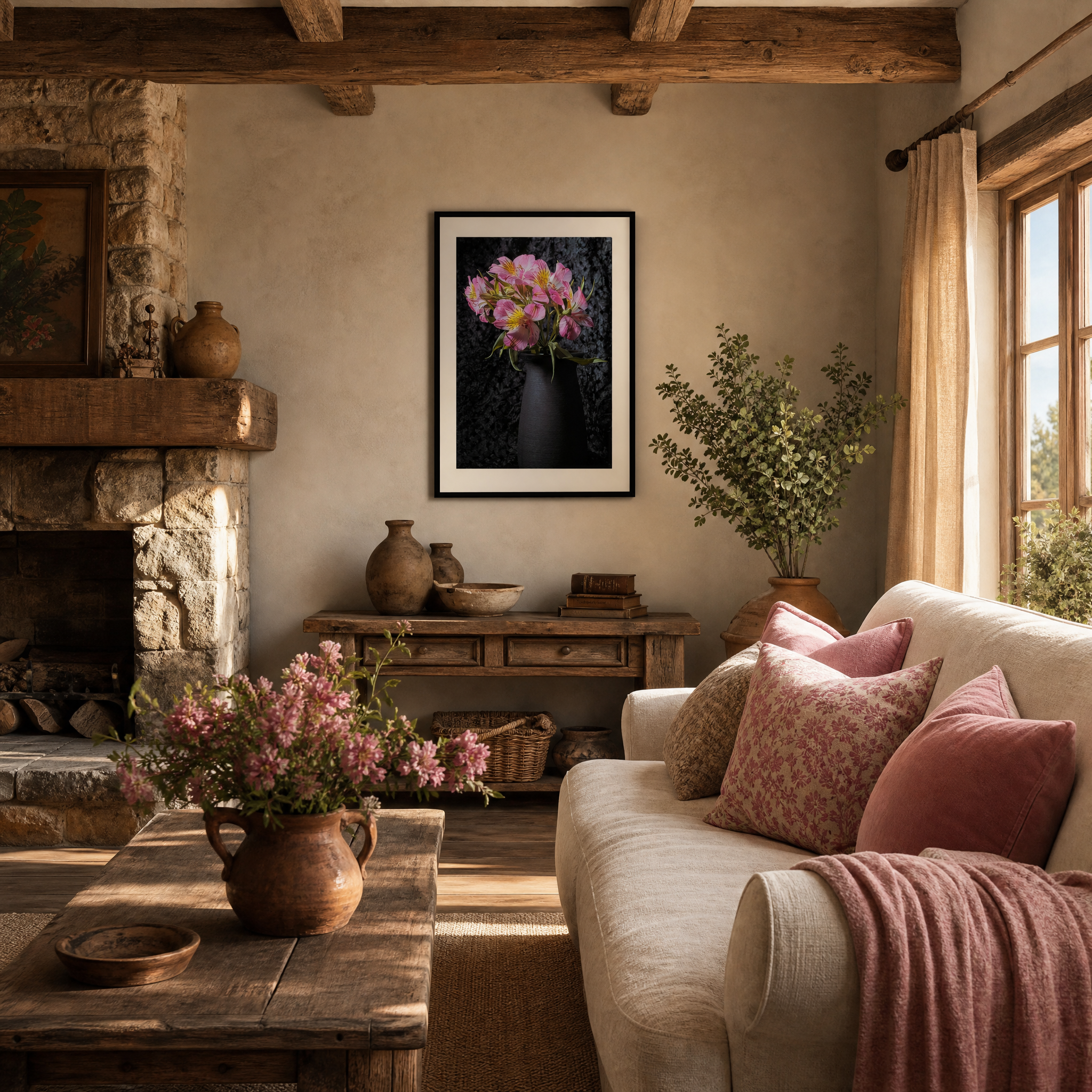 Cozy living room with a fireplace, floral arrangements, and a sofa with pillows. ~ Fine Art Photography by Ivo Titzin ~ Collectable Wall Art by Gito ~ Limited Eedition