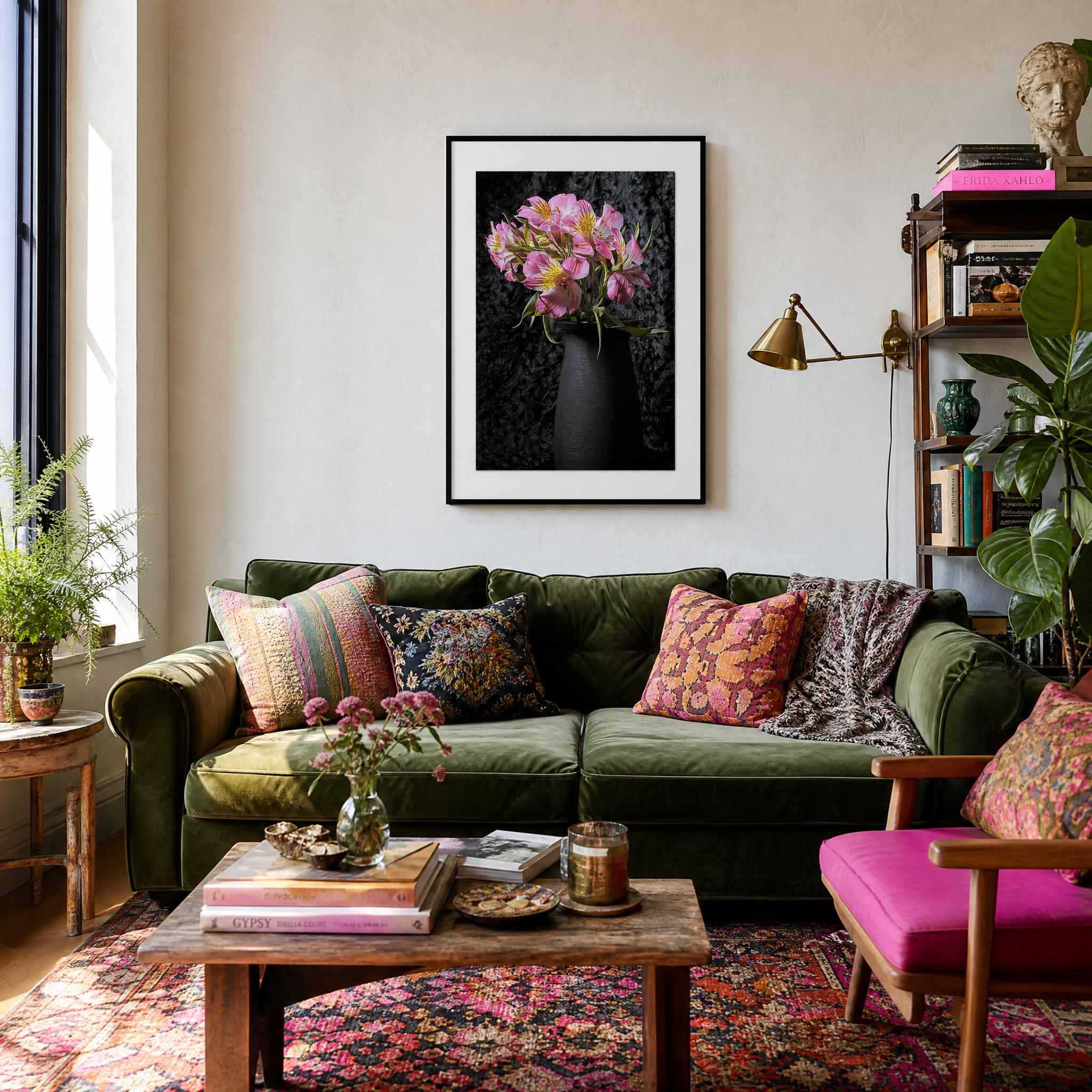 Living room with a green sofa, colorful pillows, and a painting of flowers on the wall. ~ Fine Art Photography by Ivo Titzin ~ Collectable Wall Art by Gito ~ Limited Eedition