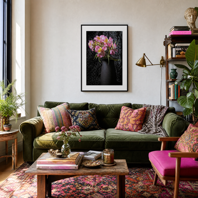 Living room with a green sofa, colorful pillows, and a painting of flowers on the wall. ~ Fine Art Photography by Ivo Titzin ~ Collectable Wall Art by Gito ~ Limited Eedition