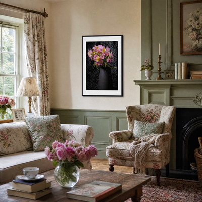 Living room with floral decor, books, and a vase of flowers on a table. ~ Fine Art Photography by Ivo Titzin ~ Collectable Wall Art by Gito ~ Limited Eedition