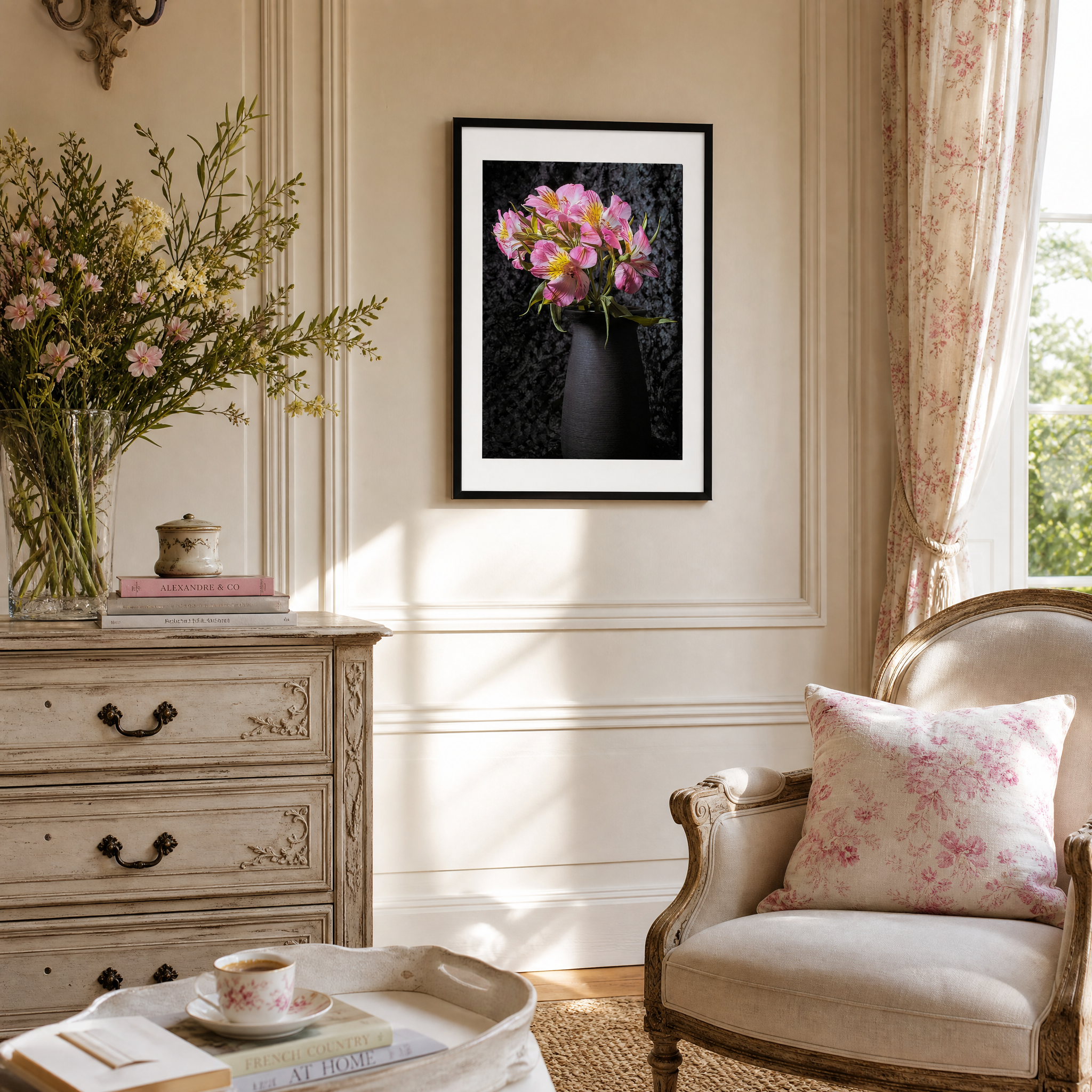 Living room with floral arrangement, framed picture, and decorative furniture. ~ Fine Art Photography by Ivo Titzin ~ Collectable Wall Art by Gito ~ Limited Eedition