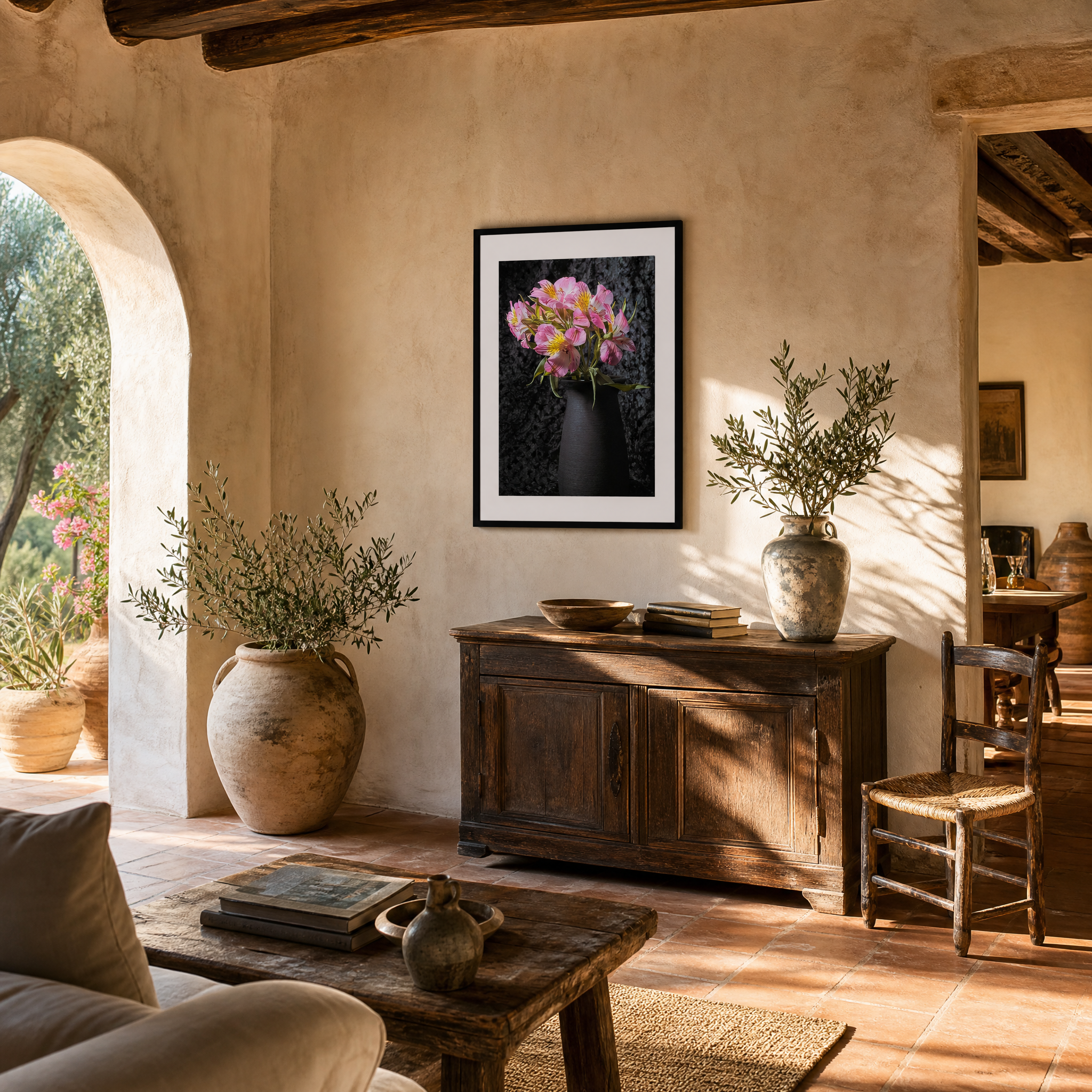Living room with wooden furniture, potted plants, and a framed picture on the wall. ~ Fine Art Photography by Ivo Titzin ~ Collectable Wall Art by Gito ~ Limited Eedition
