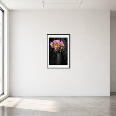 Framed artwork of pink flowers on a white wall ~ Fine Art Photography by Ivo Titzin ~ Collectable Wall Art by Gito ~ Limited Eedition