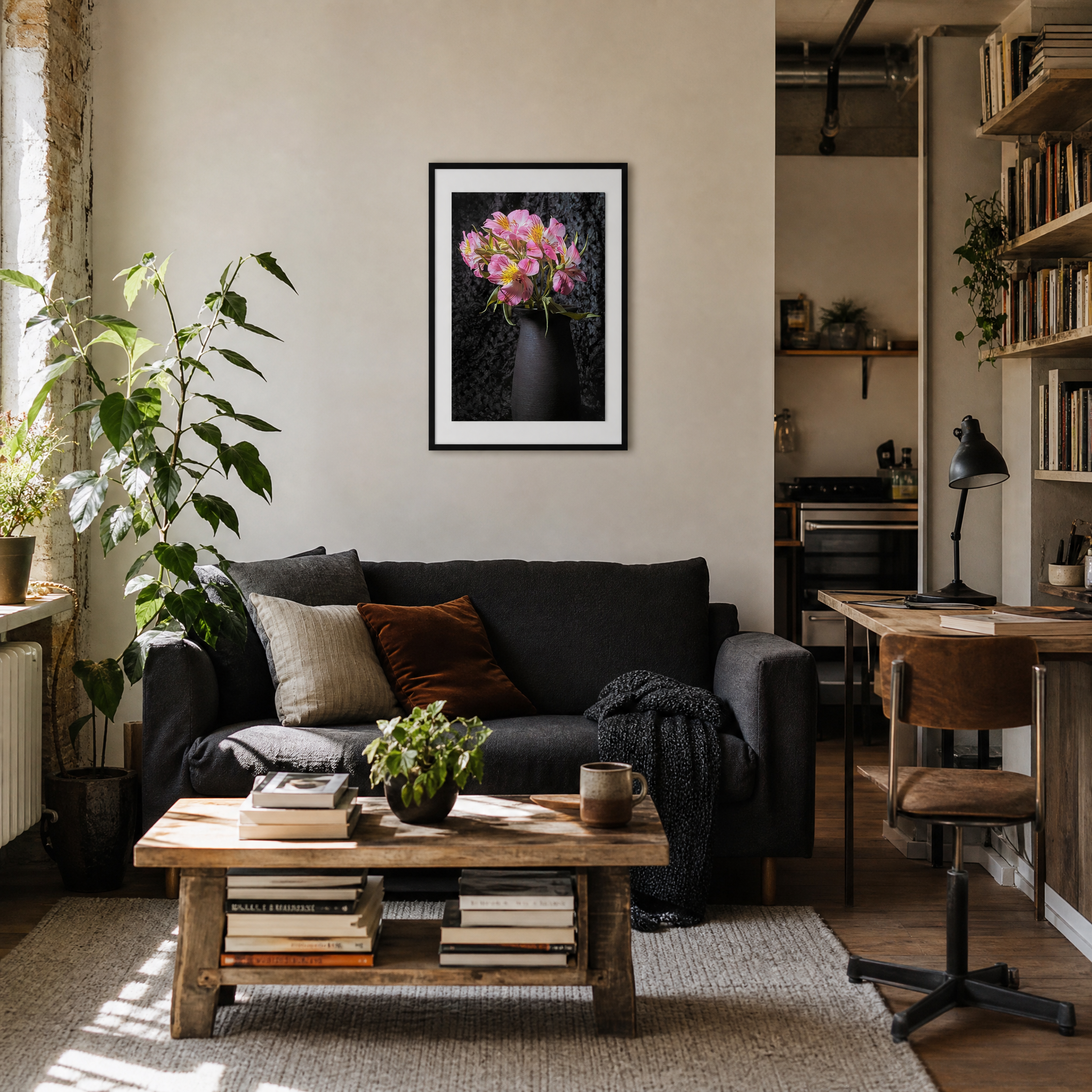 Living room with a dark gray sofa, wooden coffee table, and a plant on a shelf. ~ Fine Art Photography by Ivo Titzin ~ Collectable Wall Art by Gito ~ Limited Eedition