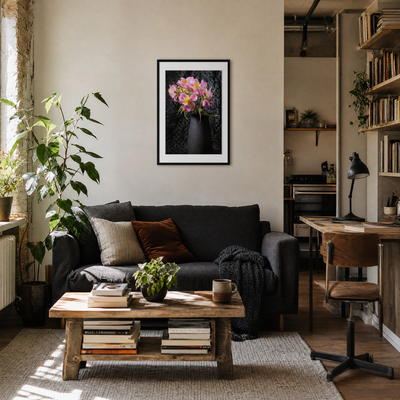 Living room with a dark gray sofa, wooden coffee table, and a plant on a shelf. ~ Fine Art Photography by Ivo Titzin ~ Collectable Wall Art by Gito ~ Limited Eedition