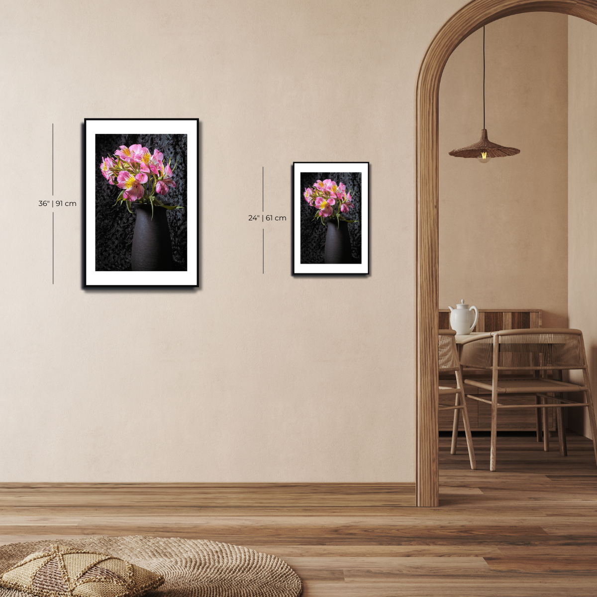Two framed pictures of flowers on a wall with a dining area in the ~ Fine Art Photography by Ivo Titzin ~ Collectable Wall Art by Gito ~ Limited Eeditionbackground.