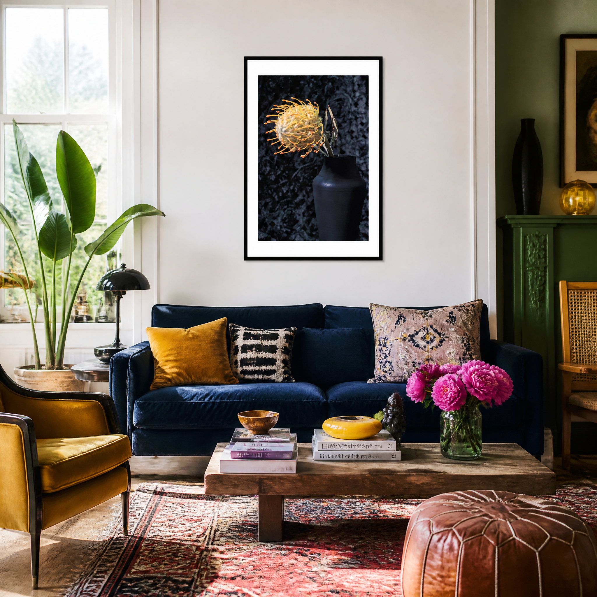 Living room with a blue sofa, decorative pillows, and a coffee table with books and a vase. ~ Pincushion Protea ~ Fine Art Photography by Ivo Titzin ~ Luxury Wall Art by Gito ~ Limited edition