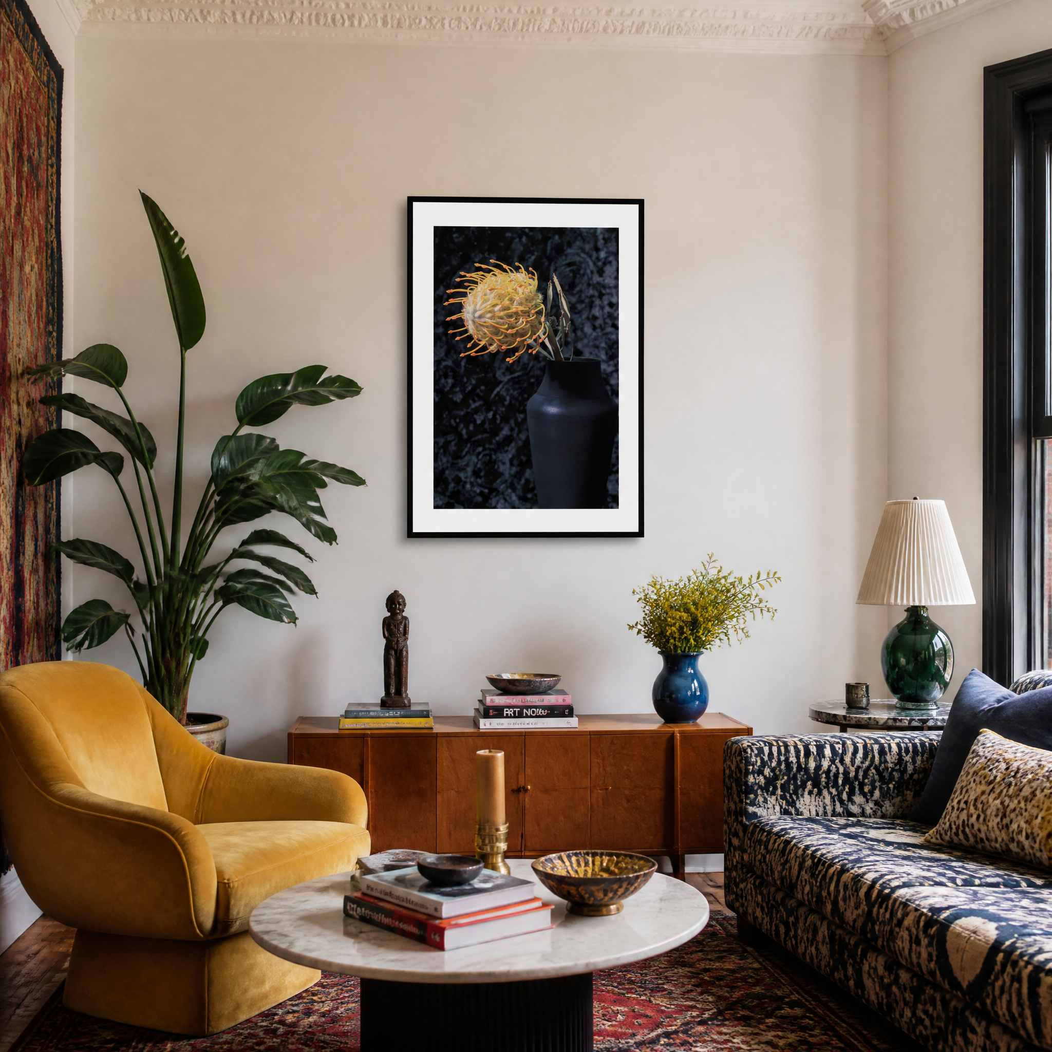Living room with yellow armchair, marble coffee table, and framed artwork on the wall. ~ Pincushion Protea ~ Fine Art Photography by Ivo Titzin ~ Luxury Wall Art by Gito ~ Limited edition