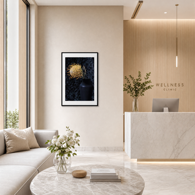 Modern interior of a wellness clinic with a reception desk and framed artwork. ~ Pincushion Protea ~ Fine Art Photography by Ivo Titzin ~ Luxury Wall Art by Gito ~ Limited edition