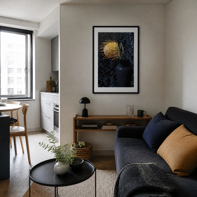 Modern living room with a gray sofa, coffee table, and framed artwork on the wall. ~ Pincushion Protea ~ Fine Art Photography by Ivo Titzin ~ Luxury Wall Art by Gito ~ Limited edition