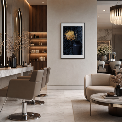 Modern salon interior with beige chairs, a round table, and decorative elements. ~ Pincushion Protea ~ Fine Art Photography by Ivo Titzin ~ Luxury Wall Art by Gito ~ Limited edition