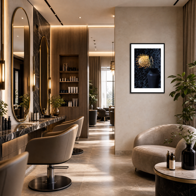 Modern salon interior with mirrors, chairs, and decor ~ Pincushion Protea ~ Fine Art Photography by Ivo Titzin ~ Luxury Wall Art by Gito ~ Limited edition