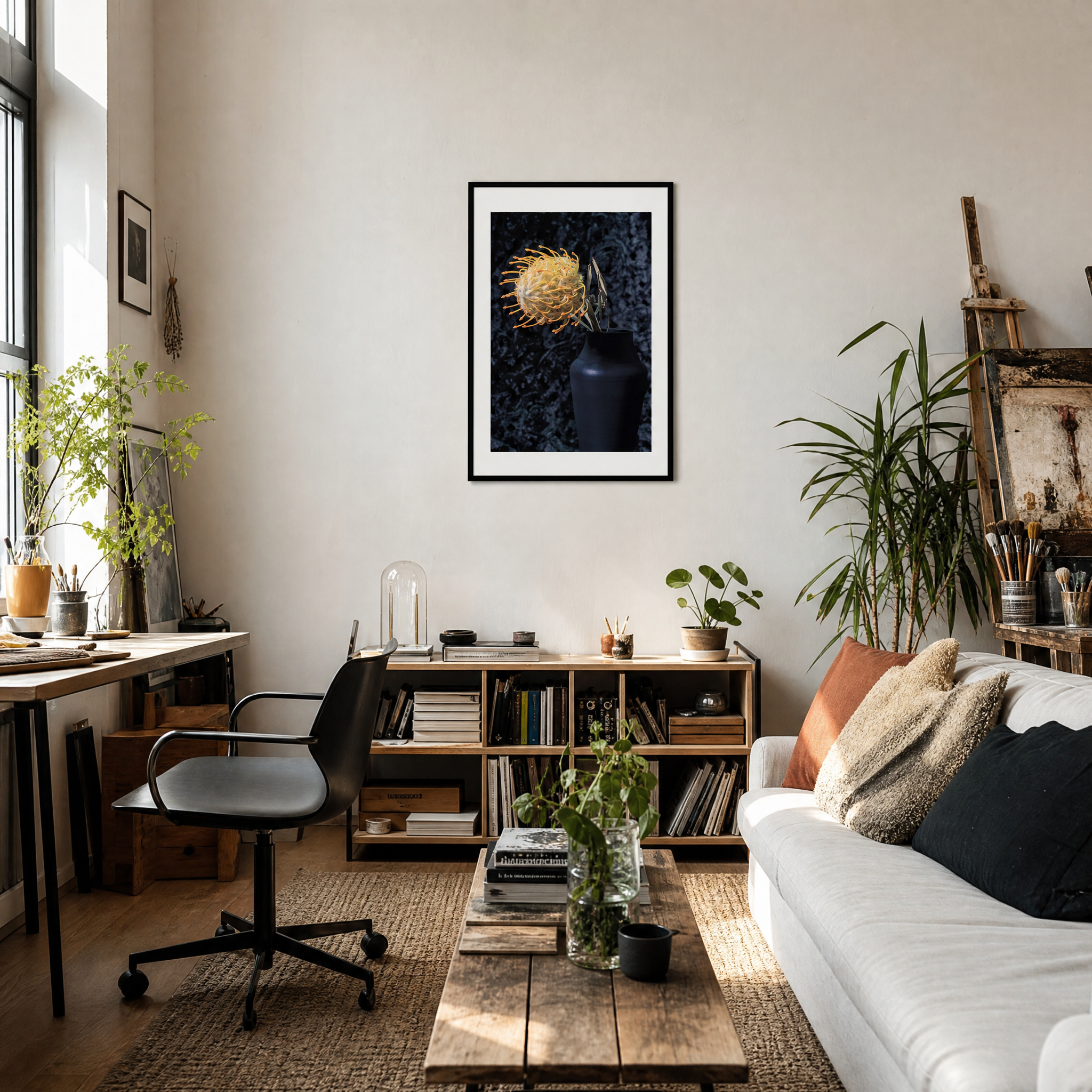 Modern living room with a desk, sofa, and decorative elements. ~ Pincushion Protea ~ Fine Art Photography by Ivo Titzin ~ Luxury Wall Art by Gito ~ Limited edition