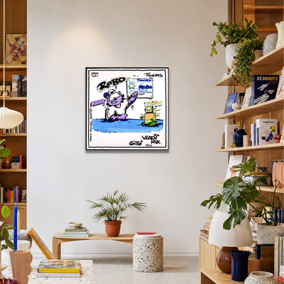 Gito Fine Art Print - Art Vladi Vl Comics - Tigers
A framed cartoon art print featuring Robo and other vintage characters, displayed on a white wall in a modern, well-lit living room with wooden bookshelves and plants.