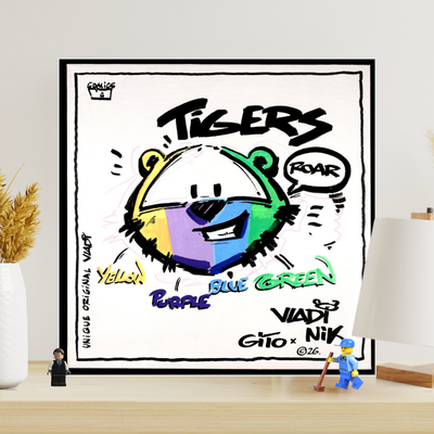 Gito Fine Art Print - Art Vladi Vl Comics - Tigers
A framed custom art print featuring a colorful tiger illustration with graffiti-style text, displayed on a wooden shelf in a styled room setting with a lamp, vase, and small figurines.
