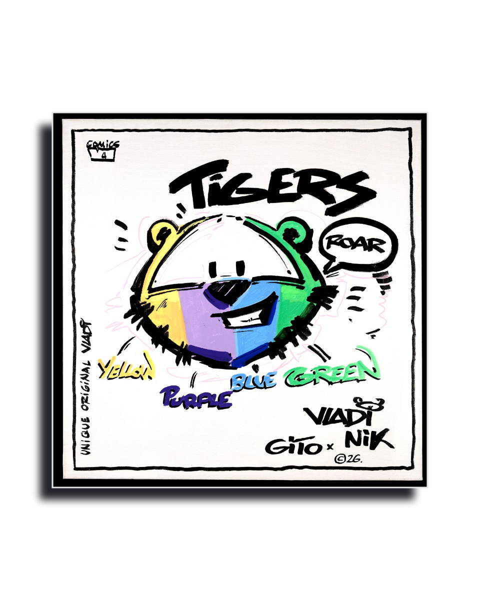 Gito Fine Art Print - Art Vladi Vl Comics - Tigers
A square black-framed art print featuring a stylized tiger face illustration with the word 'TIGERS' above it. The tiger face is divided into multiple bright colors including yellow, blue, green, purple, and white, with handwritten-style text labels around it.