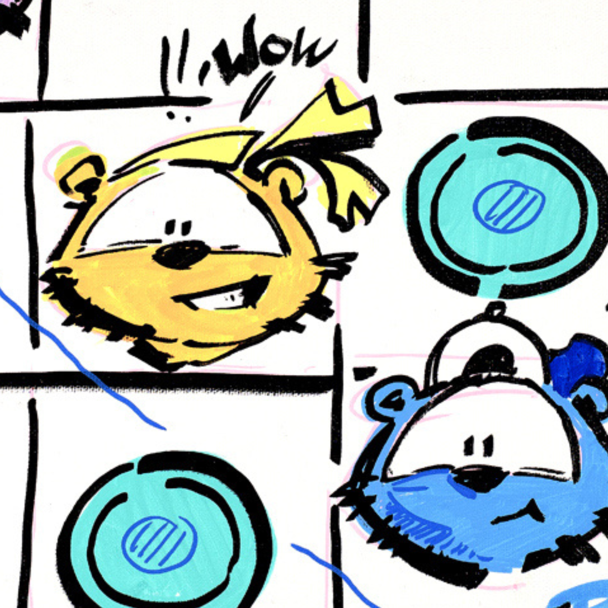 Gito Fine Art Print - Art Vladi Vl Comics - Tigers
A hand-drawn comic-style illustration showing two cartoon animal faces, one yellow and one blue, with turquoise circular targets on a white background.