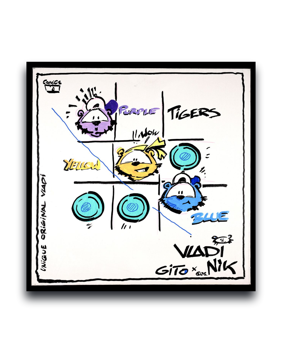 Gito Fine Art Print - Art Vladi Vl Comics - Tigers
A framed hand-drawn comic art print featuring stylized cartoon characters and the text 'Purple Tigers', 'Yellow', 'Blue'