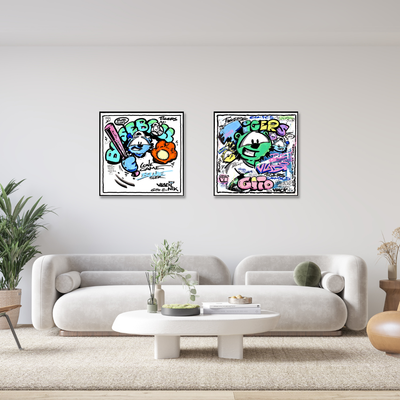Gito Fine Art Print - Art Vladi Vl Comics - Tigers
Two framed colorful graffiti art prints hanging on a light gray wall above a modern beige sofa in a styled living room.