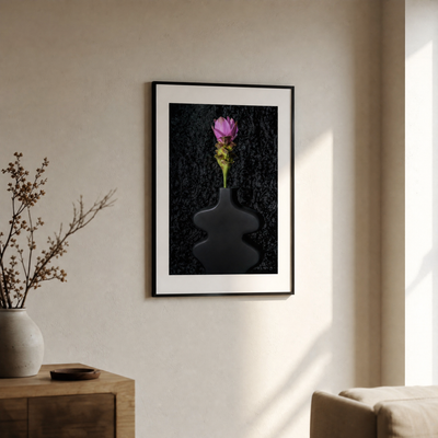 Framed artwork of a pink flower in a dark vase on a wall in a room with a wooden side table and a plant. Siam Tulip ~ Fine Art Photography by Ivo Titzin ~ Gito Limited Edition Collectable Wall Art 