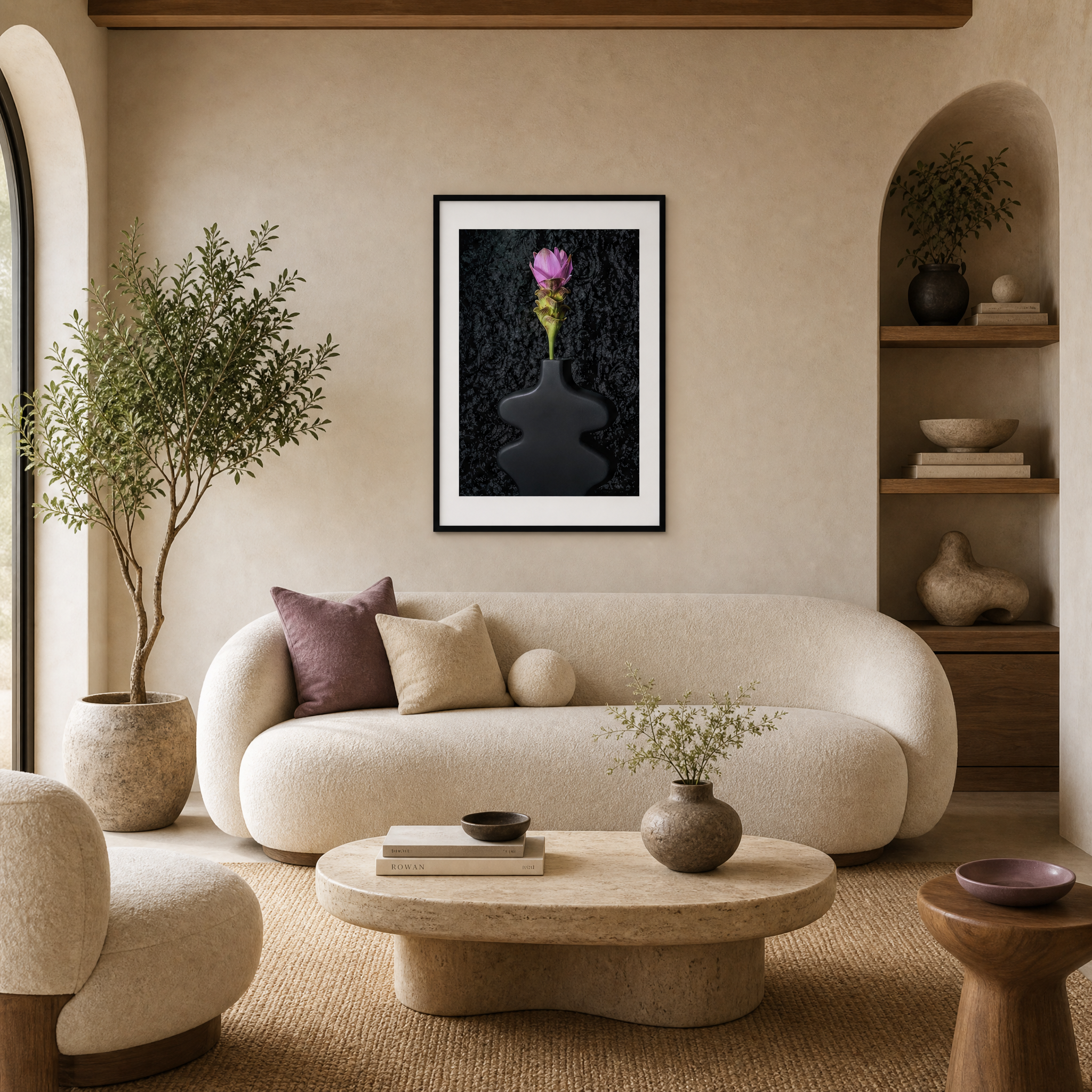 Modern living room with a beige sofa, round coffee table, and decorative elements. Siam Tulip ~ Fine Art Photography by Ivo Titzin ~ Gito Limited Edition Collectable Wall Art 
