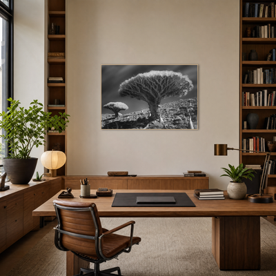 Gito.Art - Exclusive Art Print - Photography by Delyan Markov
A black and white framed wall art print depicting a dramatic tree landscape, displayed in a modern, warm-toned home office setting with a wooden desk, leather chair, and bookshelves.