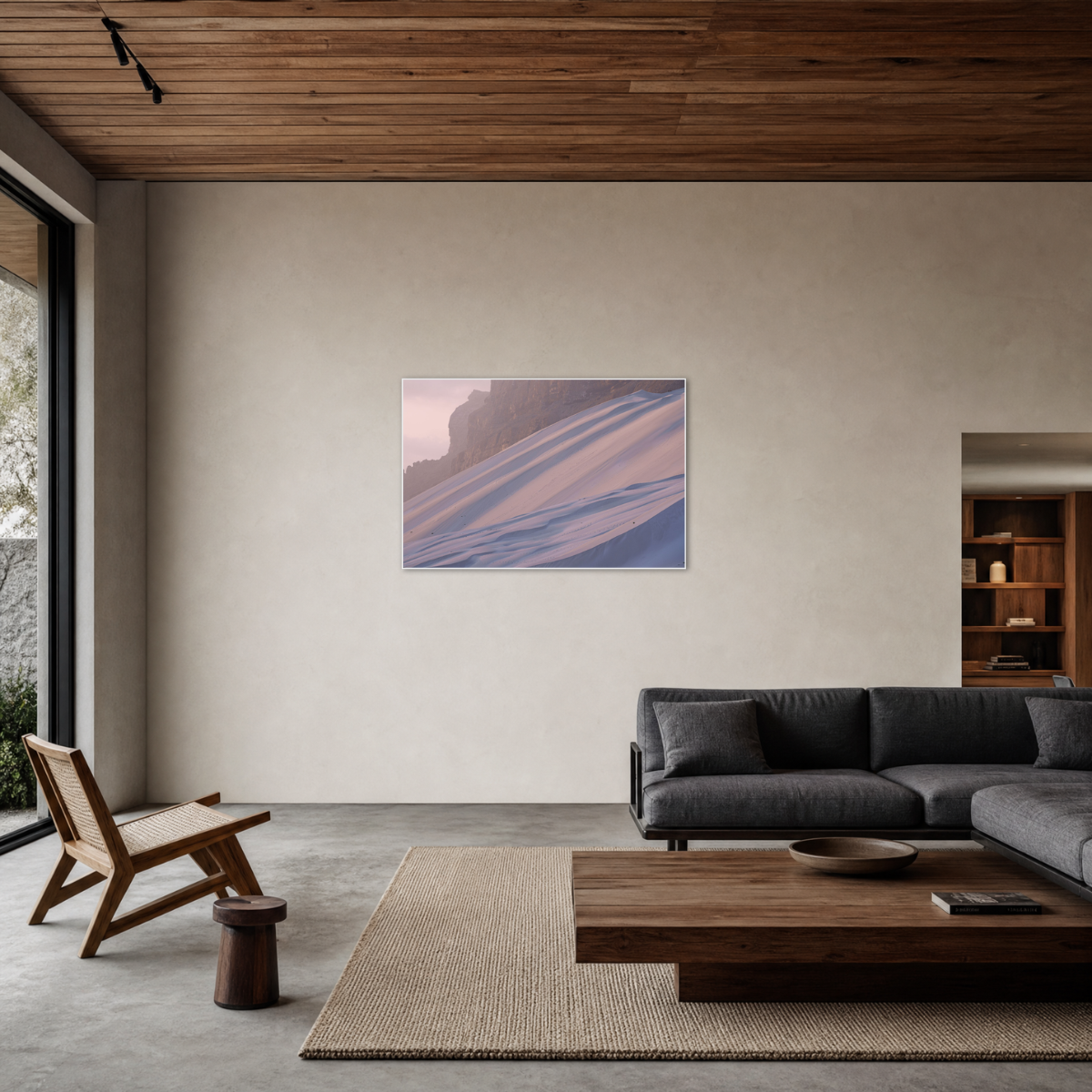 Gito.Art - Exclusive Art Print - Photography by Delyan Markov
A framed landscape art print featuring lavender and blue sand dunes under a soft pink sky, displayed on a beige wall in a modern, minimalist living room with a gray sofa and wooden furniture.