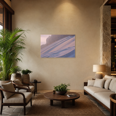 Gito.Art - Exclusive Art Print - Photography by Delyan Markov
A framed landscape art print featuring pink and blue waves on a beach, displayed on a beige wall in a modern, cozy living room with a sofa, coffee table, and potted plants.