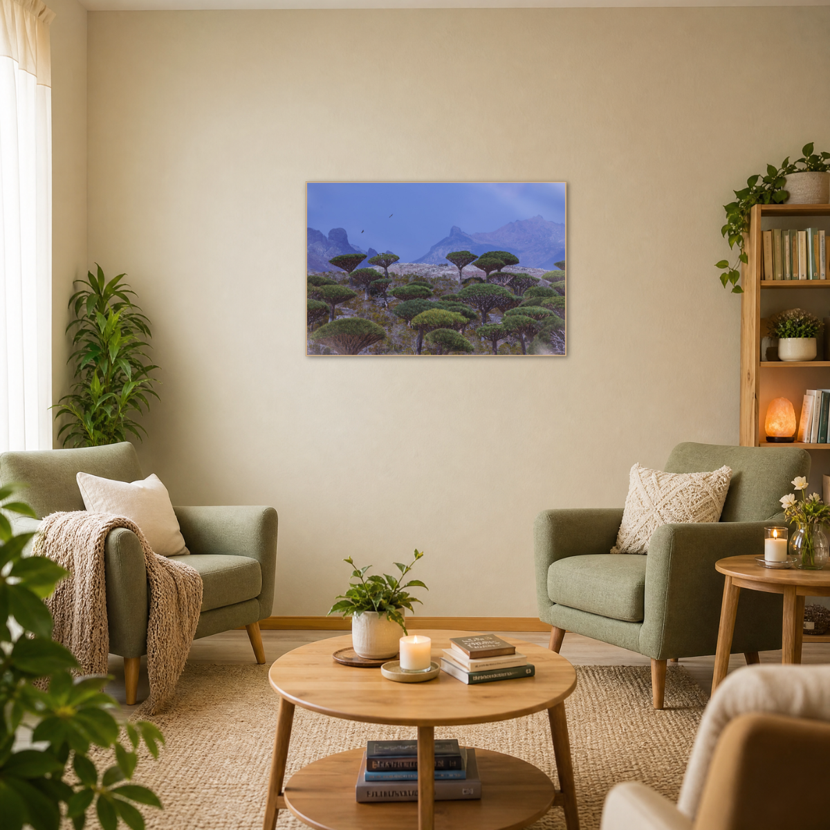 Gito.Art - Exclusive Art Print - Photography by Delyan Markov
A framed landscape art print depicting a savanna with acacia trees and mountains under a blue sky, displayed on a beige wall in a modern, cozy living room setting.