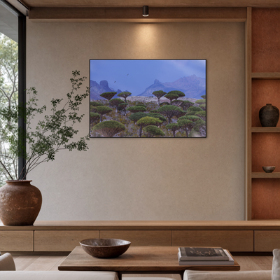 Gito.Art - Exclusive Art Print - Photography by Delyan Markov
A framed landscape art print depicting green trees and mountains under a blue sky, displayed on a beige wall in a modern, minimalist living room setting.
