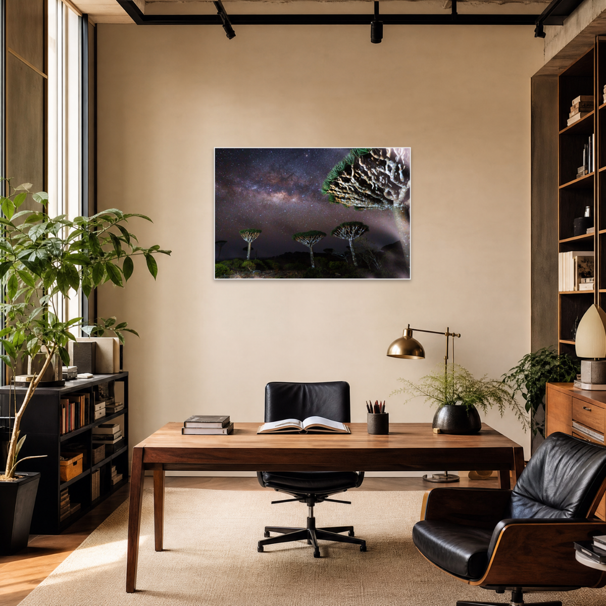Gito.Art - Exclusive Art Print - Photography by Delyan Markov
A wall art print depicting a night sky with the Milky Way and a tree silhouette, displayed in a modern, warm-toned home office setting above a wooden desk.