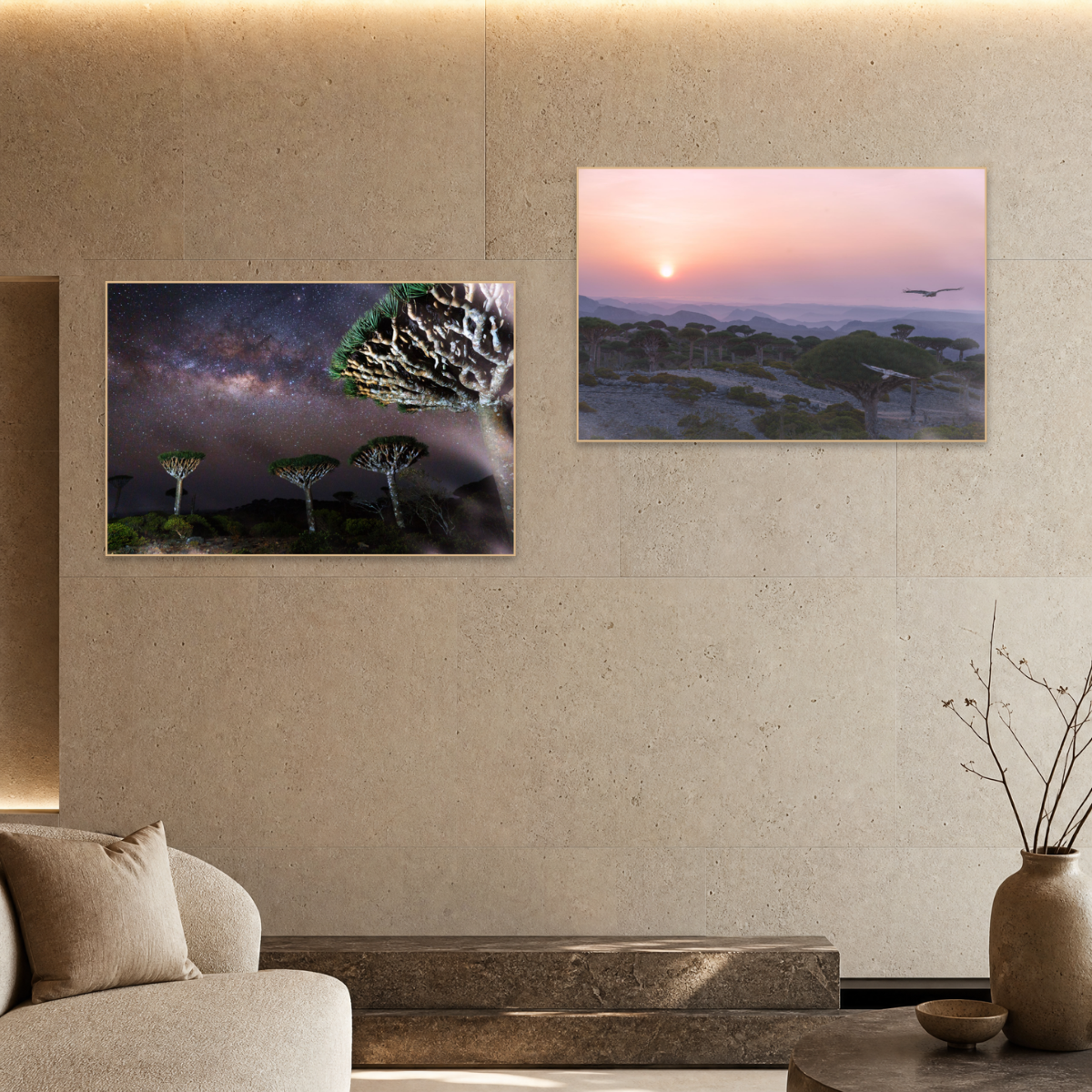 Gito.Art - Exclusive Art Print - Photography by Delyan Markov
Two framed landscape art prints displayed on a beige textured wall in a modern living room setting. The left print shows three acacia trees against a starry night sky, and the right print shows a sunset over an African savanna landscape.