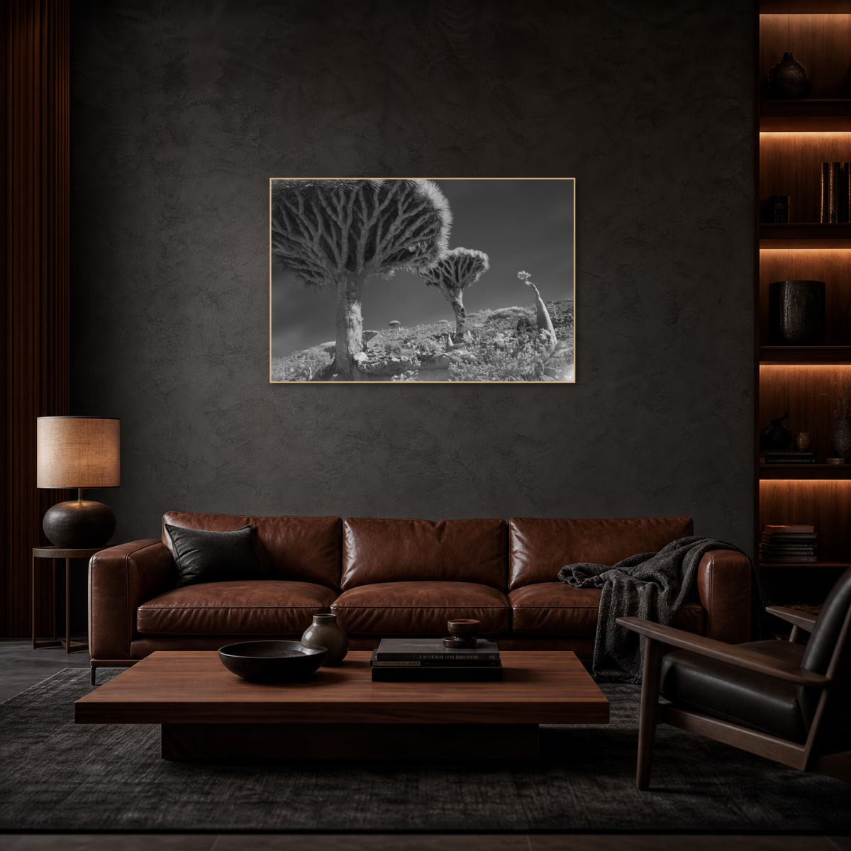Gito.Art - Exclusive Art Print - Photography by Delyan Markov
A framed black and white landscape photograph of quiver trees in a desert, displayed on a dark textured wall above a brown leather sofa in a modern, dimly lit living room.