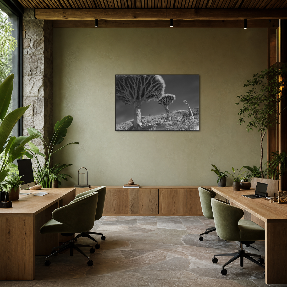 Gito.Art - Exclusive Art Print - Photography by Delyan Markov
A black and white landscape art print of quill trees hanging on a textured beige wall in a modern, well-lit office with wooden desks, green chairs, and potted plants.