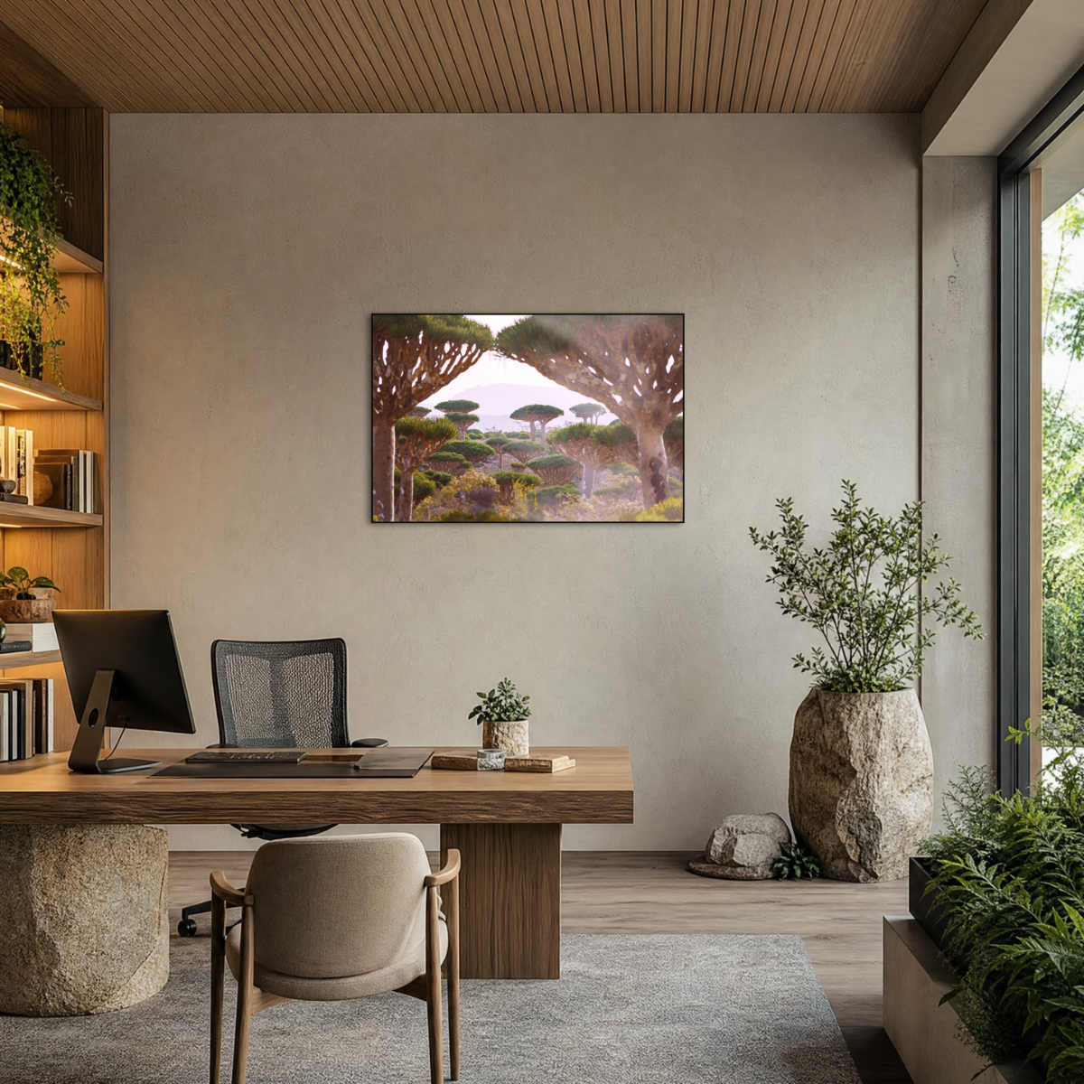 Gito.Art - Exclusive Art Print - Photography by Delyan Markov
A framed landscape art print depicting a serene African savanna with acacia trees and a waterfall, displayed on a neutral wall in a modern, well-lit home office setting.