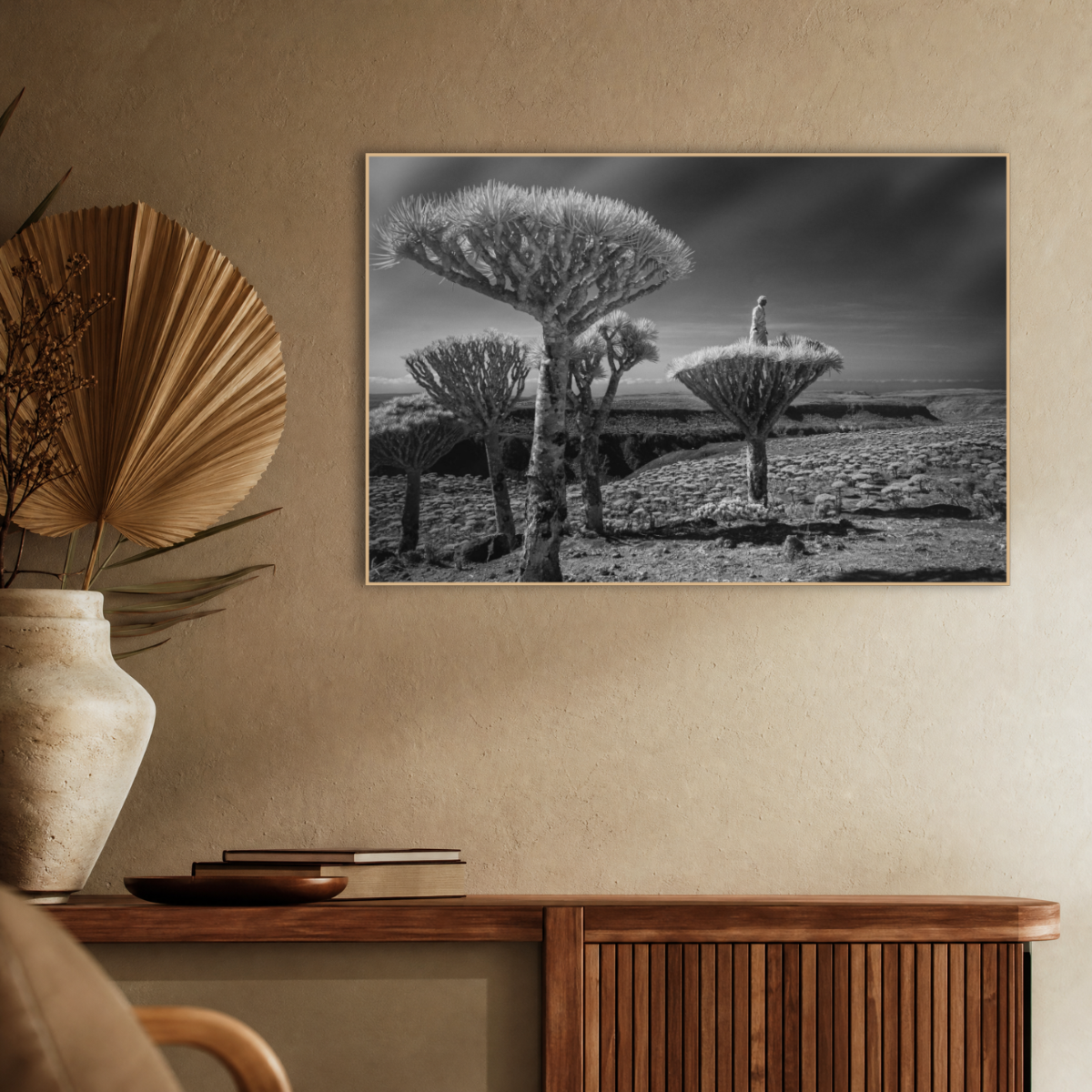 Gito.Art - Exclusive Art Print - Photography by Delyan Markov
A framed black and white landscape photograph of dragon's blood trees hanging on a beige wall above a wooden console table, styled with a ceramic vase and dried palm leaves.